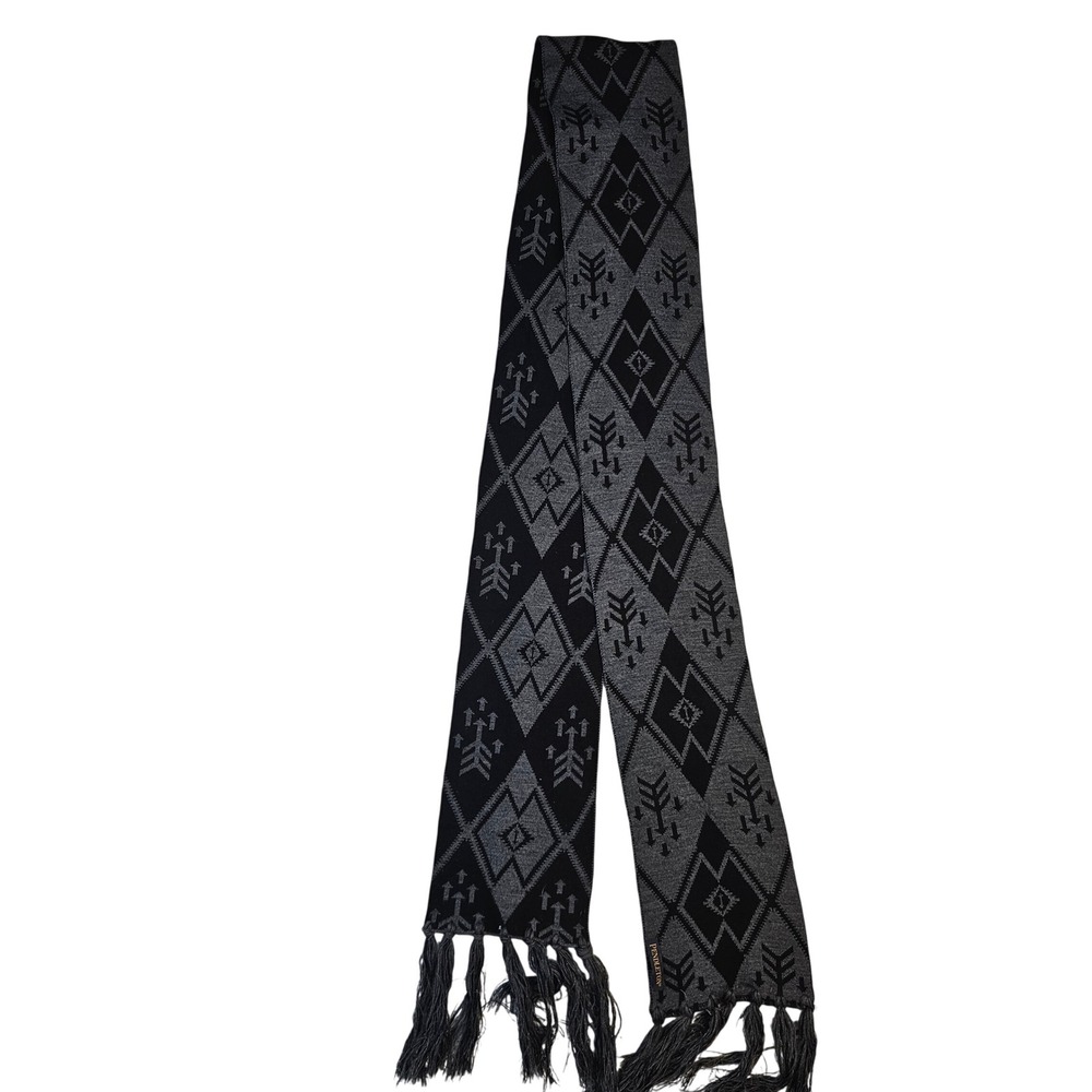 Pendleton Reversible Knit Scarf Black Grey Geometric Diamond Arrow Fringe Trim